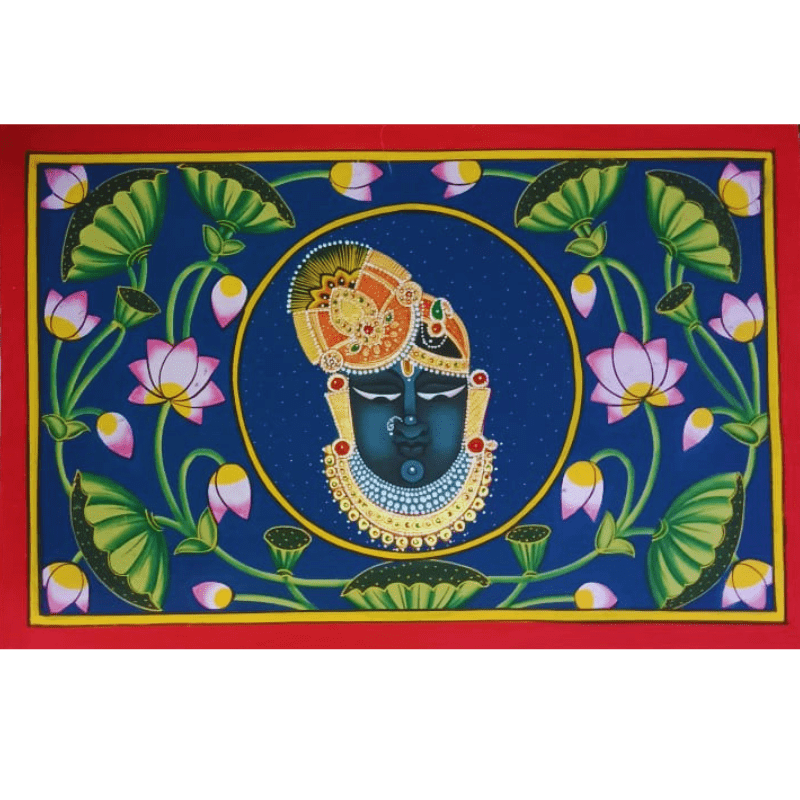 Shrinathji Pichwai – Handmade Lord Krishna Painting with Lotus Design on Blue Background